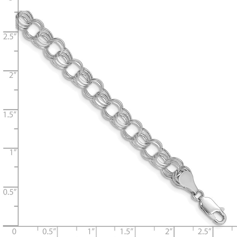 14k White Gold 7.5mm Hollow Triple Link 7.25 inch Charm Bracelet WST1