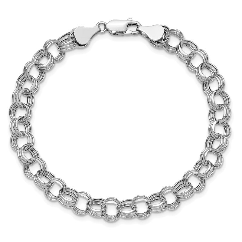 14k White Gold 7.5mm Hollow Triple Link 7.25 inch Charm Bracelet WST1