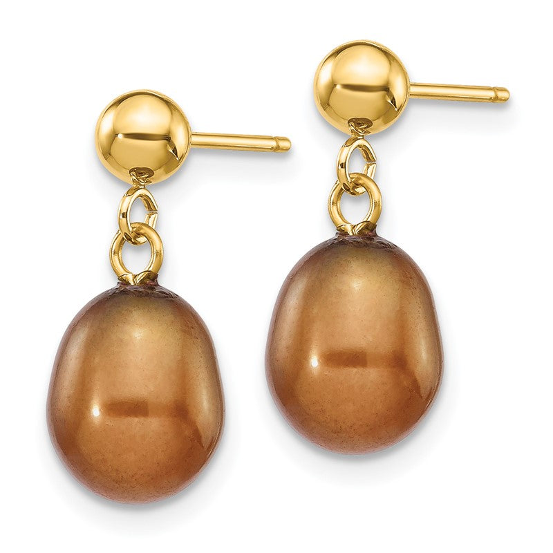 14k 7-8mm Brown Rice Freshwater Cultured Pearl Dangle Post Earrings XF354E