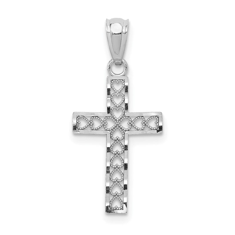 14k White Gold Cross with Hearts Pendant XR1206