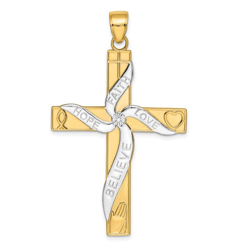 14K and White Rhodium Large HOPE FAITH LOVE BELIEVE Cross Pendant K3677