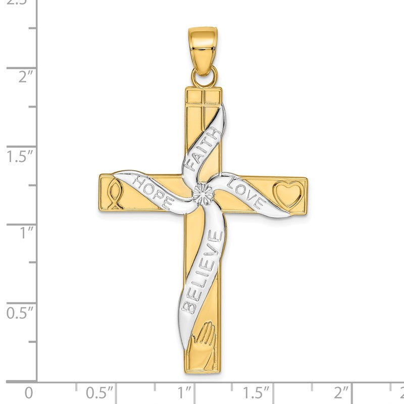 14K and White Rhodium Large HOPE FAITH LOVE BELIEVE Cross Pendant K3677