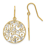 14K and White Rhodium Diamond-cut Filigree Circle Dangle French Hook Earrings K4348