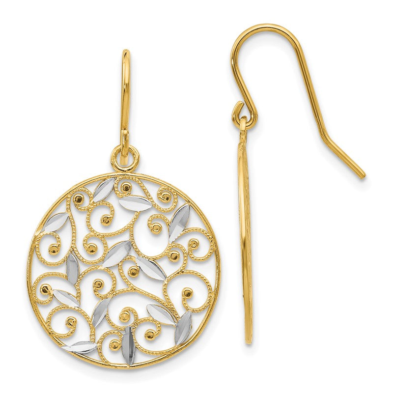 14K and White Rhodium Diamond-cut Filigree Circle Dangle French Hook Earrings K4348