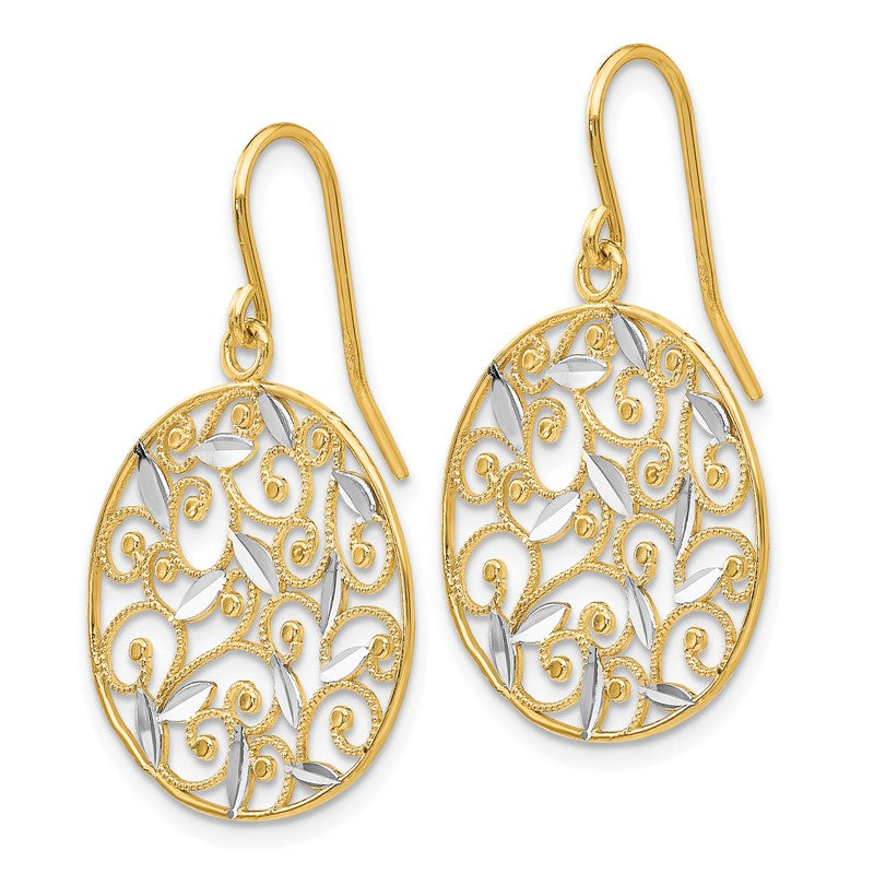 14K and White Rhodium Diamond-cut Filigree Circle Dangle French Hook Earrings K4348