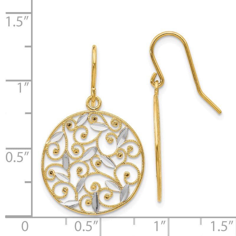 14K and White Rhodium Diamond-cut Filigree Circle Dangle French Hook Earrings K4348