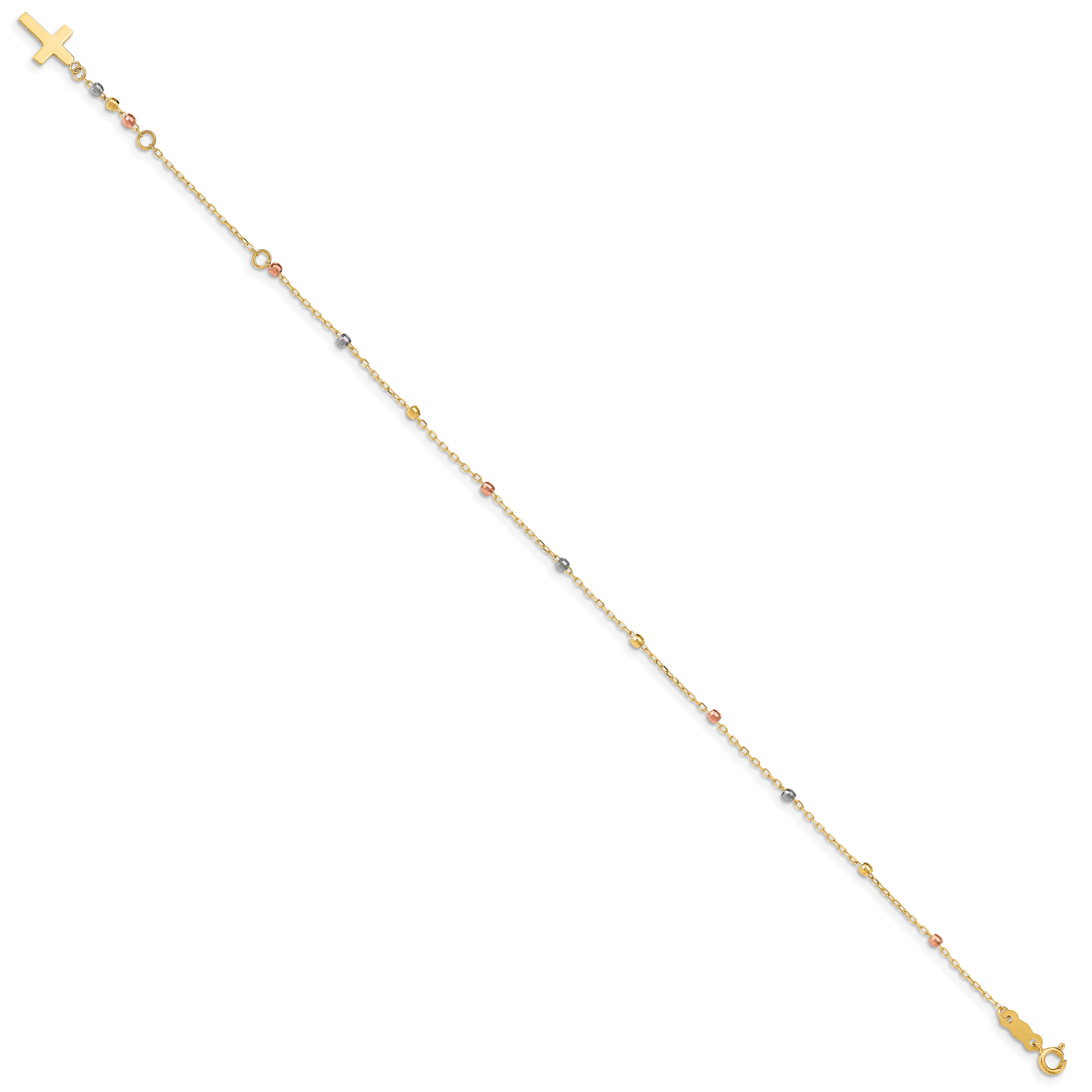 14K Tri-color Diamond-cut Beaded 7 inch Bracelet Plus 1 inch Cross Extender FB1456