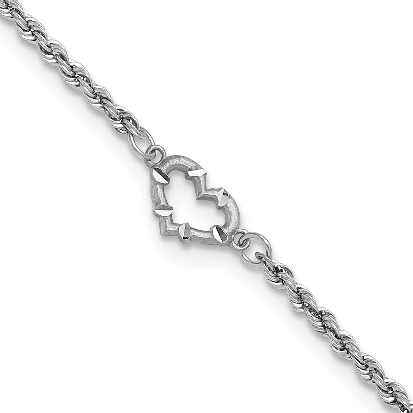 14k White Gold Diamond-cut Open Heart and Rope Chain 10 inch Anklet ANK153