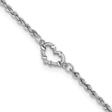 14k White Gold Diamond-cut Open Heart and Rope Chain 10 inch Anklet ANK153