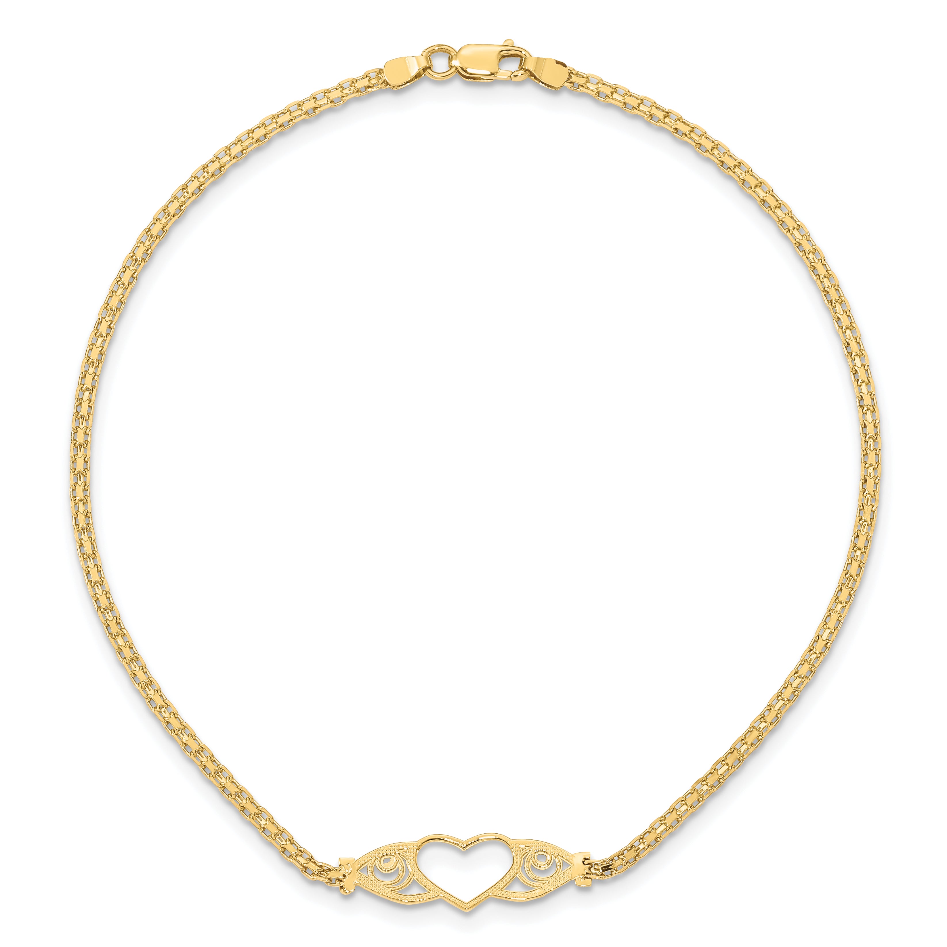 14k Polished Open Heart with Filigree and Bismark Chain 10 inch  Anklet ANK118