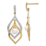 14k 5-6mm White Round Freshwater Cultured Pearl and .02 carat Diamond Dangle Post Earrings XE2505AA