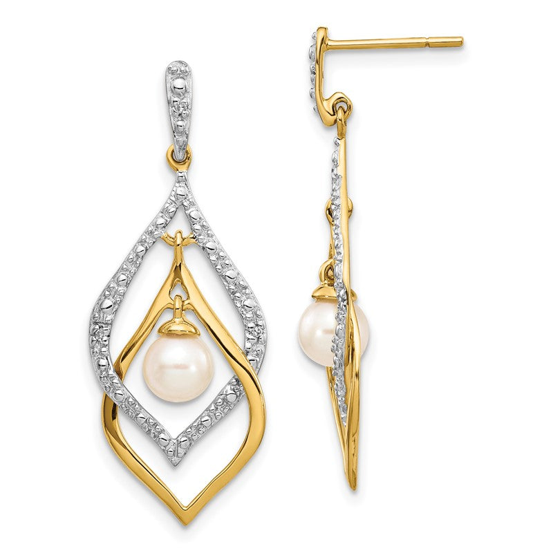 14k 5-6mm White Round Freshwater Cultured Pearl and .02 carat Diamond Dangle Post Earrings XE2505AA