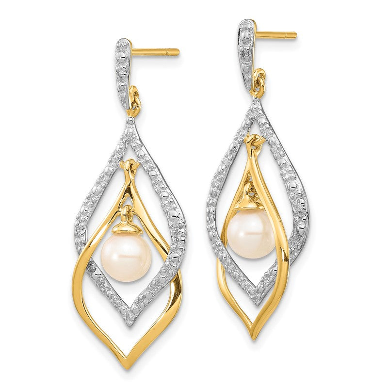14k 5-6mm White Round Freshwater Cultured Pearl and .02 carat Diamond Dangle Post Earrings XE2505AA