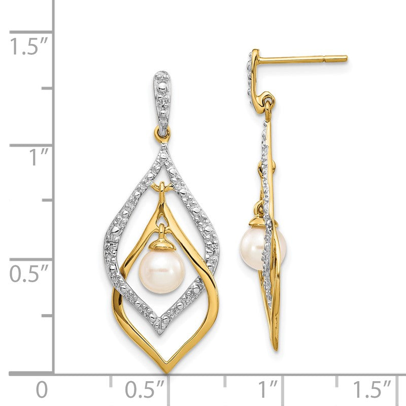 14k 5-6mm White Round Freshwater Cultured Pearl and .02 carat Diamond Dangle Post Earrings XE2505AA