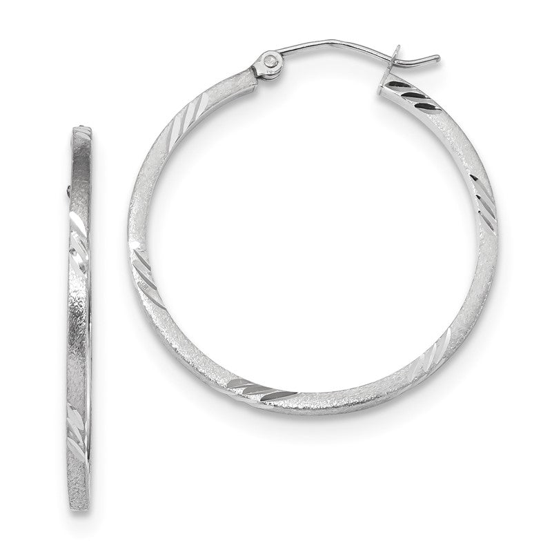 14k White Gold 1.75x30mm Satin Diamond-cut Square Tube Hoop Earrings TF1089W