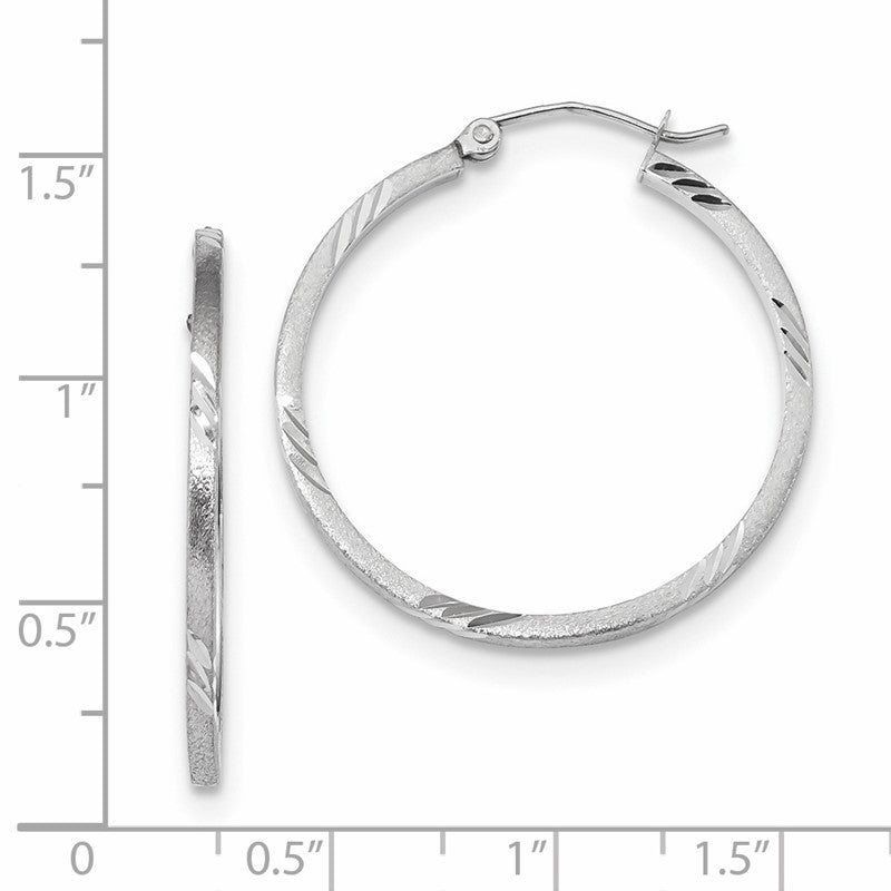 14k White Gold 1.75x30mm Satin Diamond-cut Square Tube Hoop Earrings TF1089W