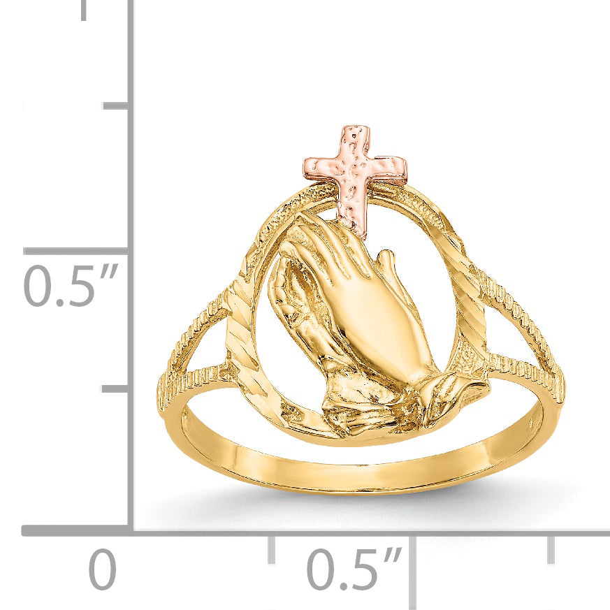 14K Two-tone Diamond Cut Praying Hands with Cross Ring K3965
