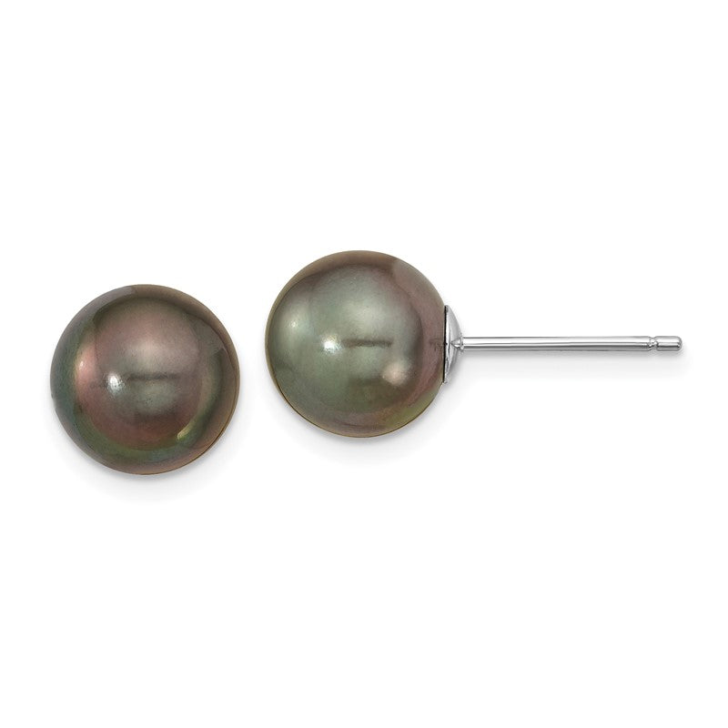 14k White Gold 9-10mm Black Round Tahitian Saltwater Cultured Pearl Post Earrings XF327E