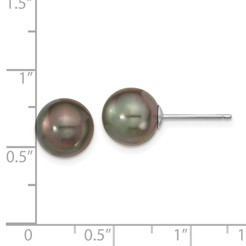 14k White Gold 9-10mm Black Round Tahitian Saltwater Cultured Pearl Post Earrings XF327E