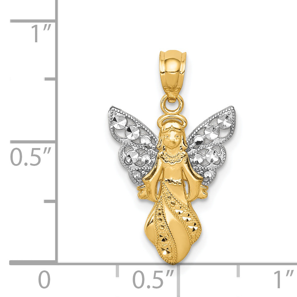 14K and White Rhodium Polished and Textured Angel Pendant K5696