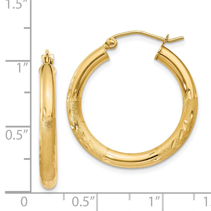14k 3x25mm Satin Diamond-cut Round Tube Hoop Earrings TC289