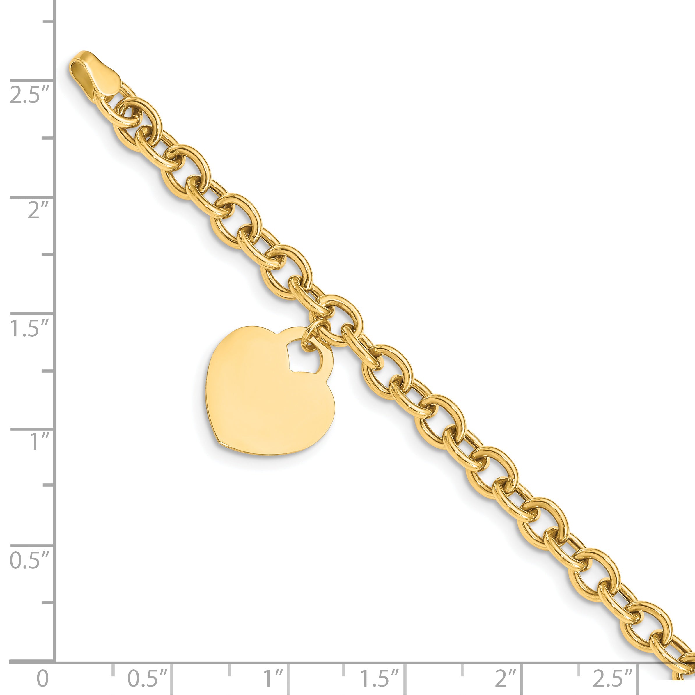 14K Engravable 18x15mm Solid Dangle Heart Charm and Hollow Chain 7.25 inch Bracelet SF1510