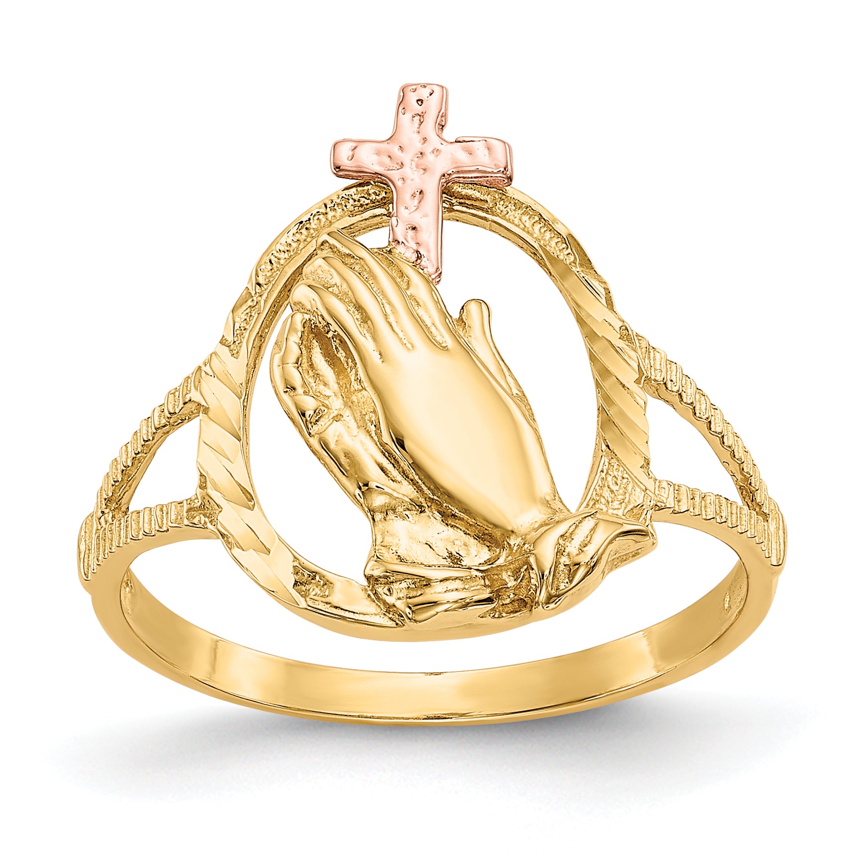 14K Two-tone Diamond Cut Praying Hands with Cross Ring K3965