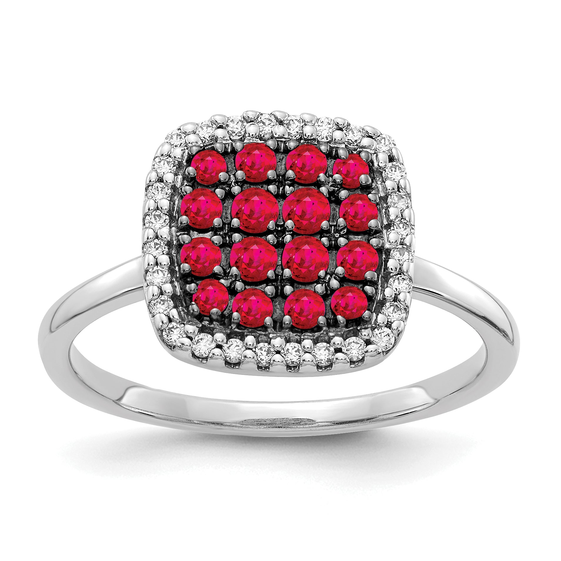 14k White Gold and Black Rhodium 1/6 carat Diamond and Ruby Square Cluster Ring RM5746