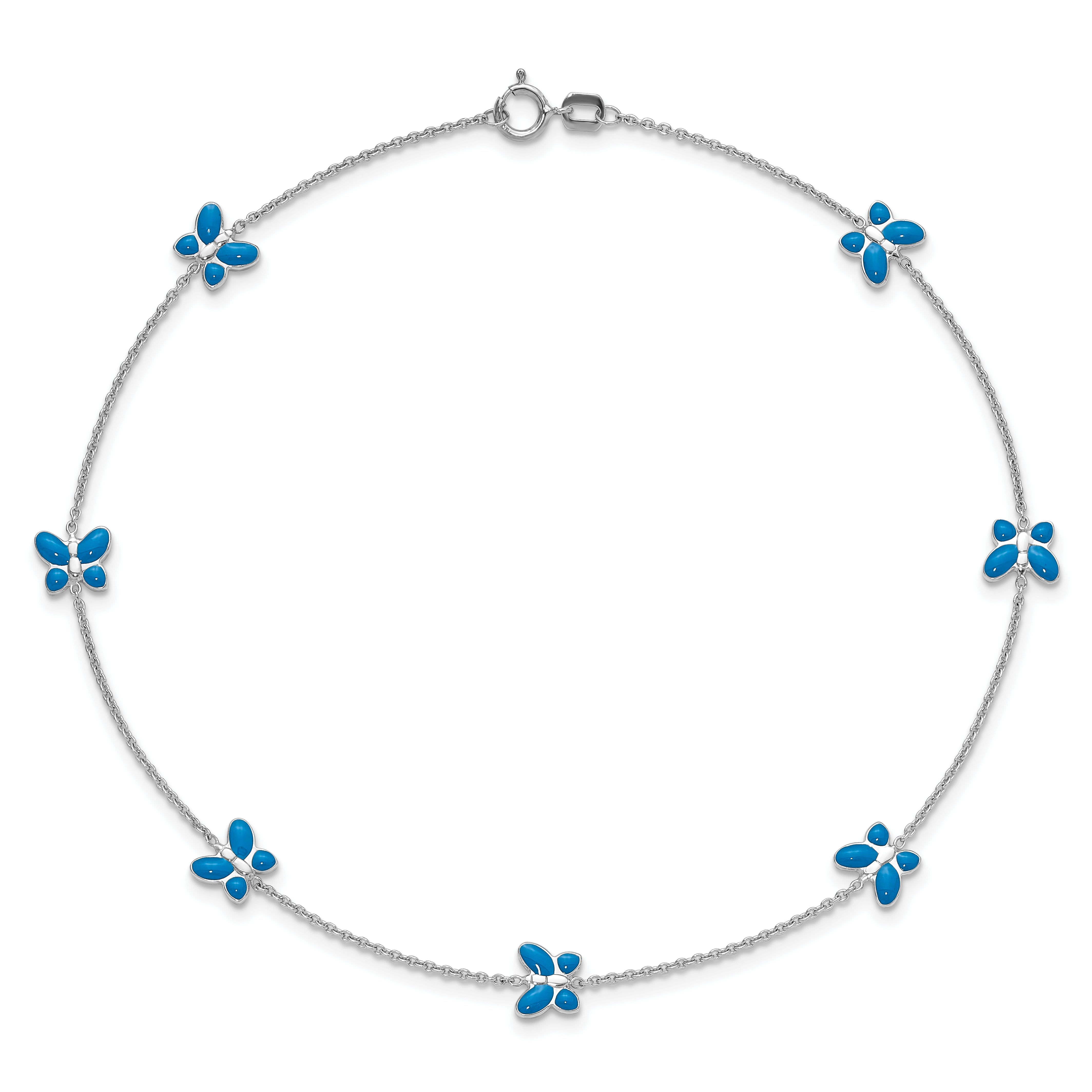 14k White Gold Blue Enameled Butterflies 7-Station 10 inch Anklet ANK89