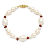 14K 6-7mm White Semi-Round and Rice Freshwater Cultured Pearl and Garnet Beads 7.25 inch Bracelet XF444