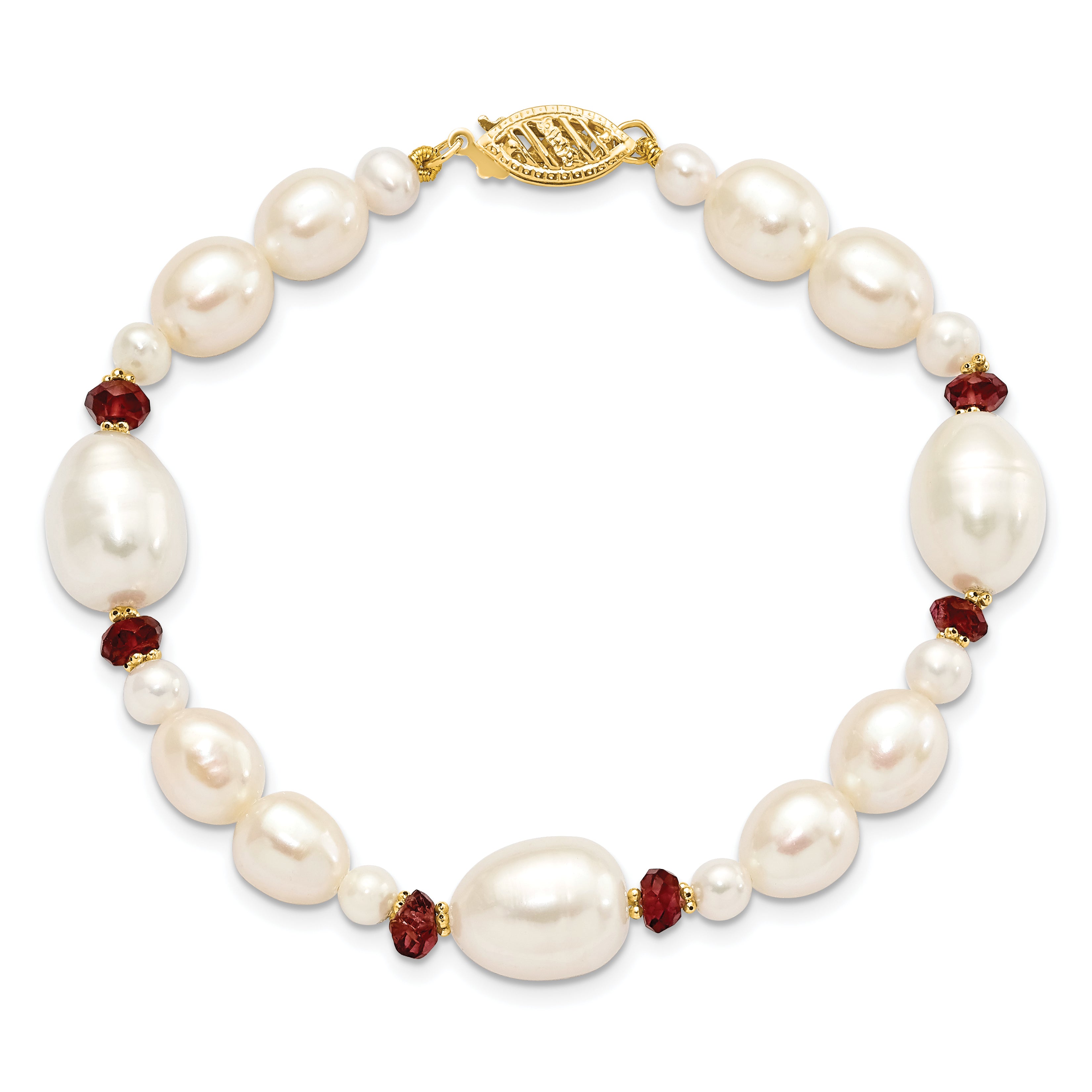 14K 6-7mm White Semi-Round and Rice Freshwater Cultured Pearl and Garnet Beads 7.25 inch Bracelet XF444