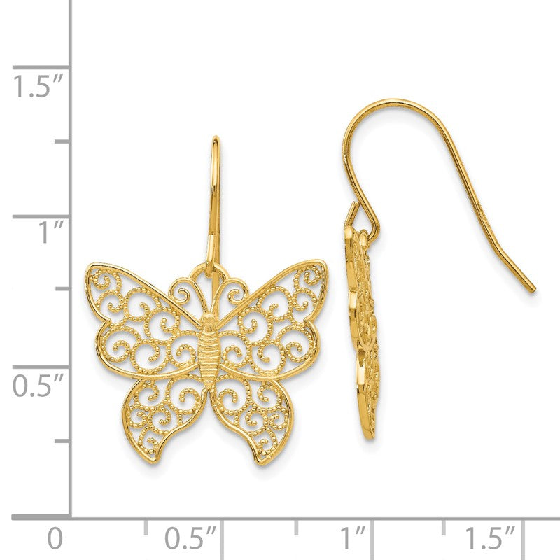 14K Large Filigree Butterfly Dangle French Hook Earrings TH621