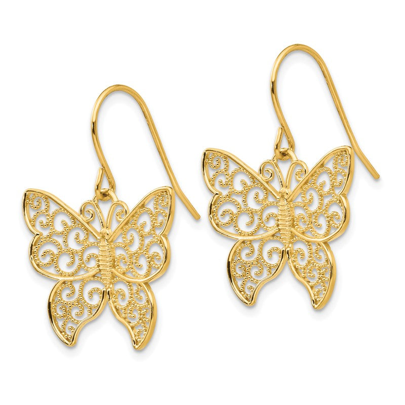 14K Large Filigree Butterfly Dangle French Hook Earrings TH621