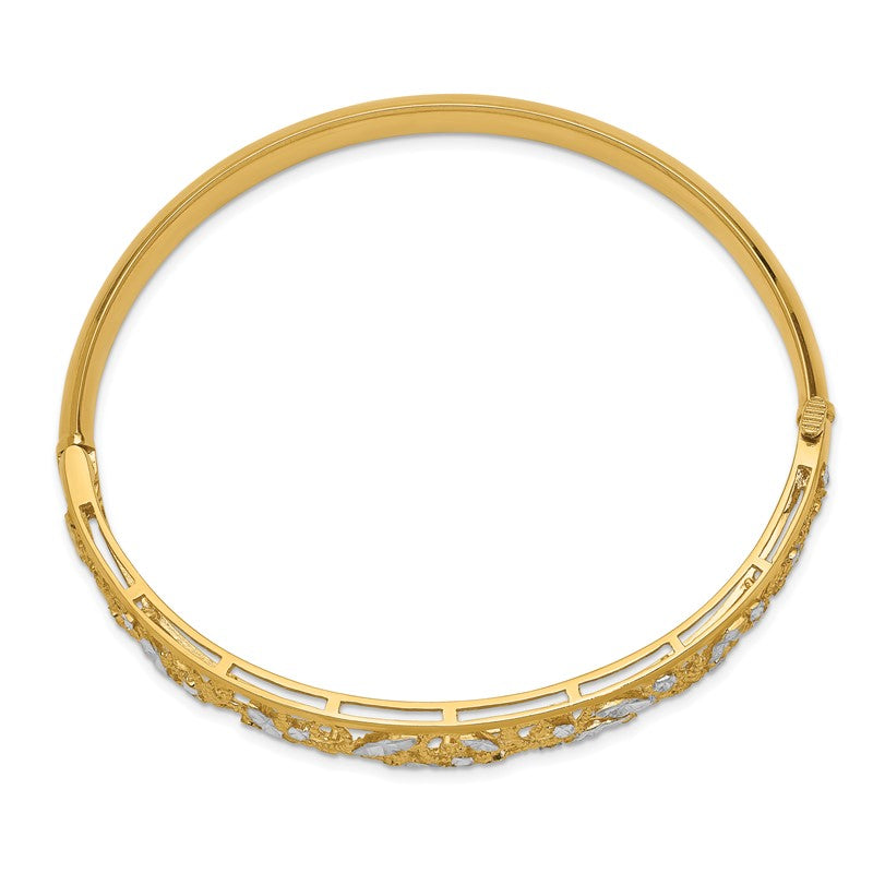 14K with White Rhodium Diamond-cut Filigree Graduated 9.00mm Hinged Oval Bangle Bracelet DB555