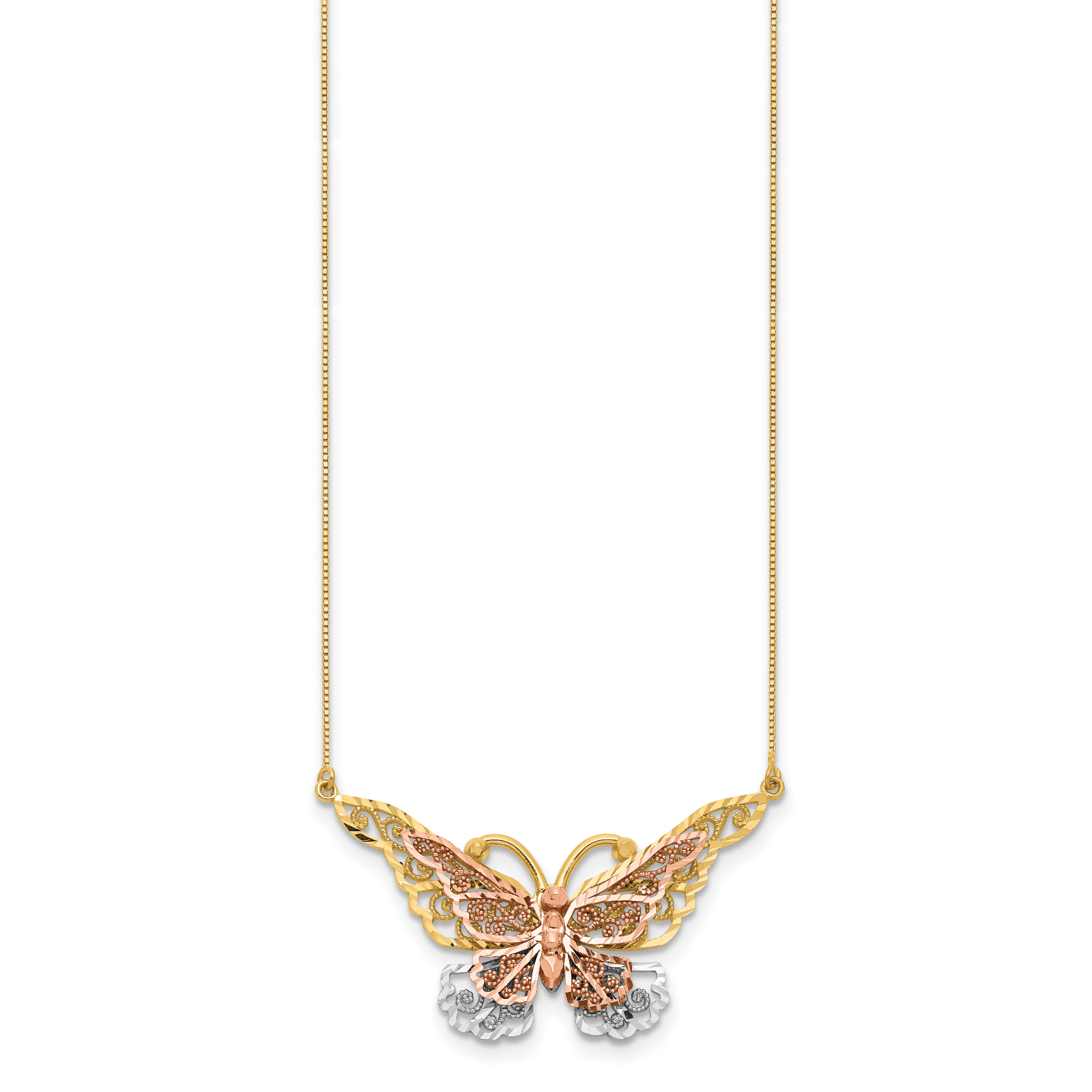 14k Yellow and Rose Gold with White Rhodium Large Filigree Butterfly 17 inch Necklace SF2042