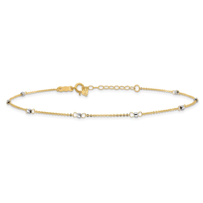 14k Two-tone Cable Chain Mirror Beads 8-Station 9 inch Plus 1 inch Extender - Total 10 inch Anklet ANK264