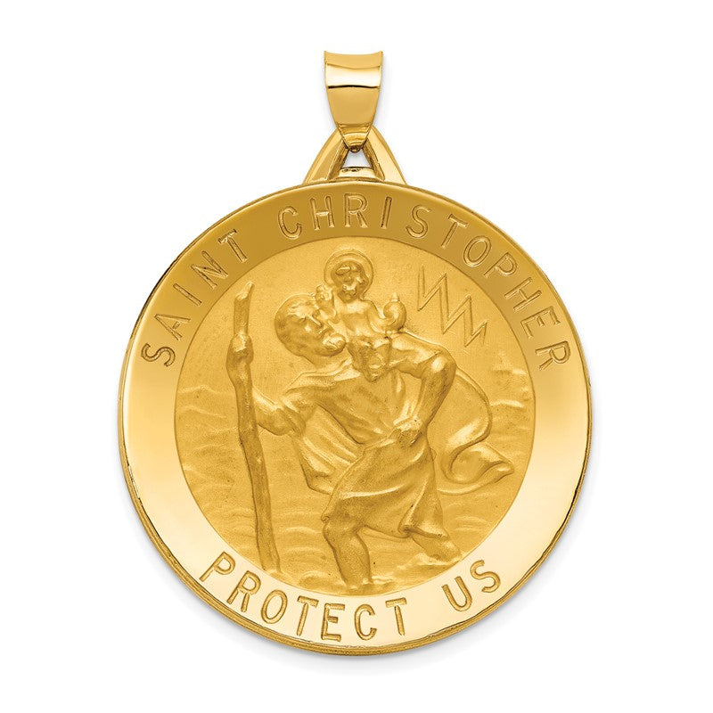 14k Polished and Satin Solid Large Saint Christopher Medal Round Pendant M1488