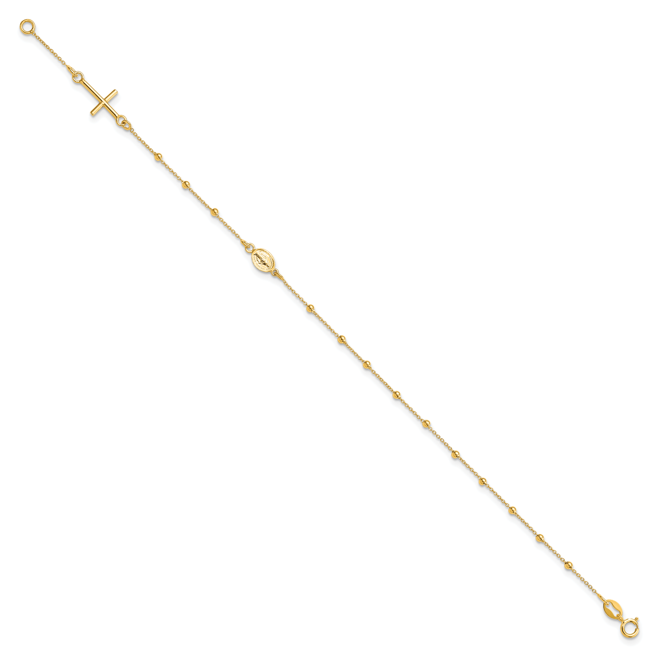 14k Polished Cross and Miraculous Medal Beaded 7.5 inch Rosary Bracelet SF2507