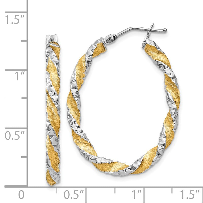 14k White Gold & Yellow Rhodium Twisted D/C Oval Hoop Earrings PRE781