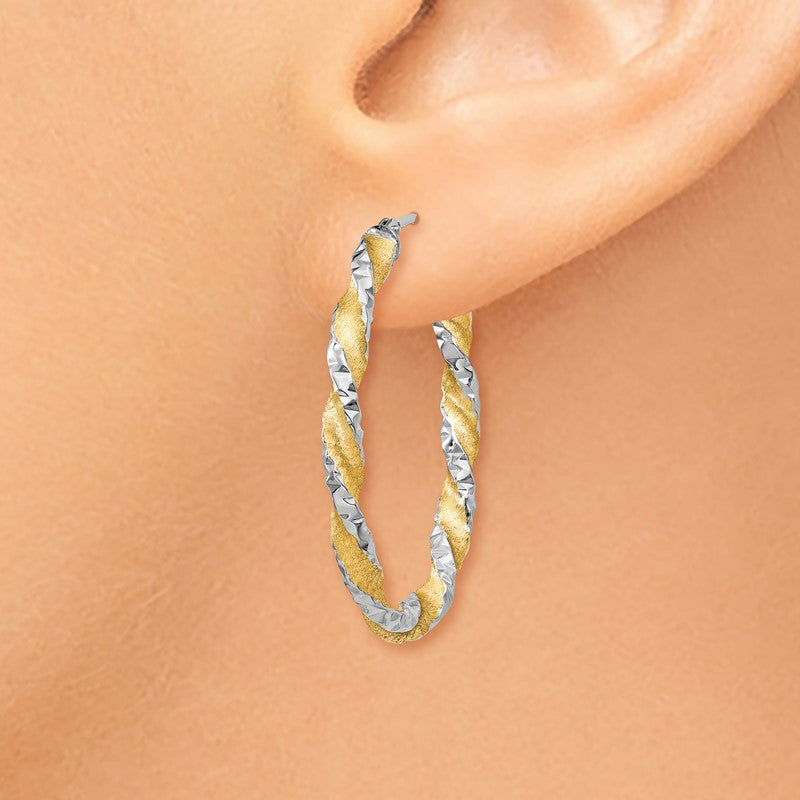 14k White Gold & Yellow Rhodium Twisted D/C Oval Hoop Earrings PRE781