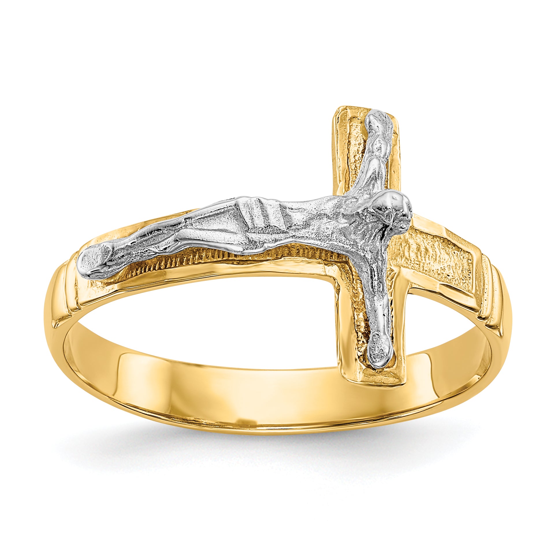 14K Two-Tone Mens Polished Diamond-Cut Crucifix Ring C2116
