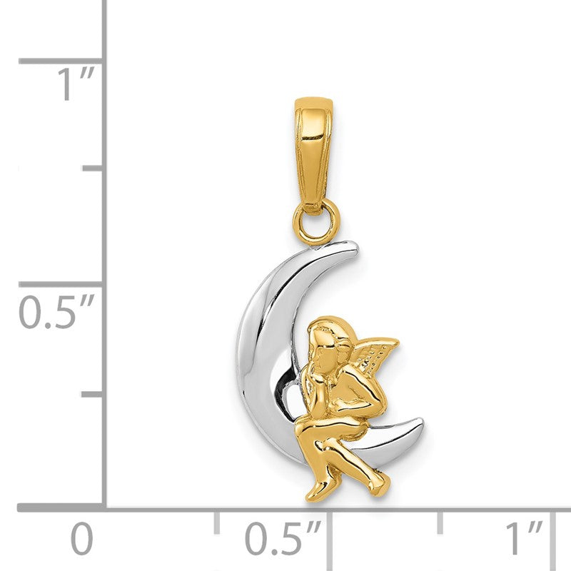 14k and White Rhodium Polished Moon with Angel Pendant K4816