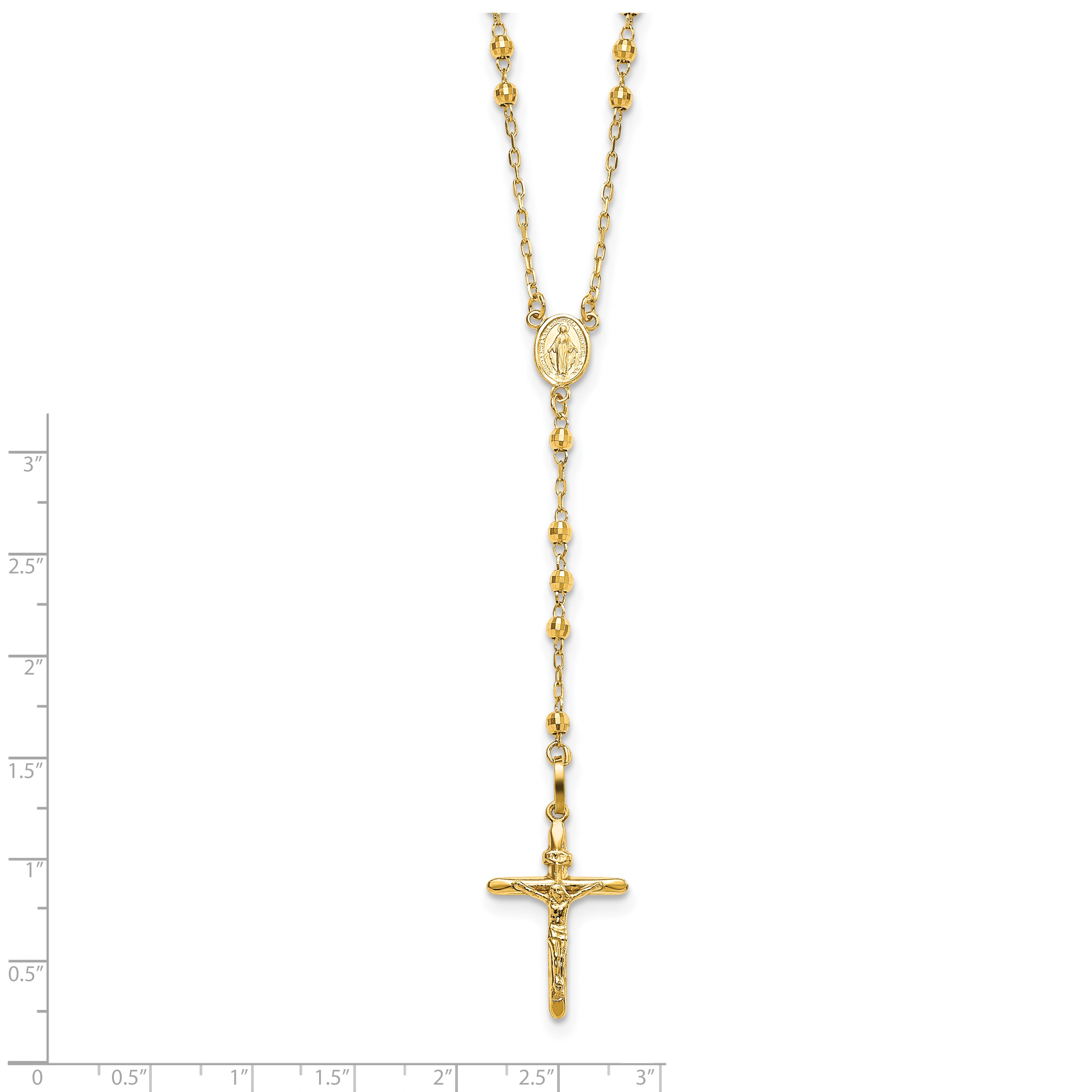 14k Polished Crucifix and Miraculous Medal with 3mm Mirror Beads Semi-solid 24 inch Rosary Necklace SF2065