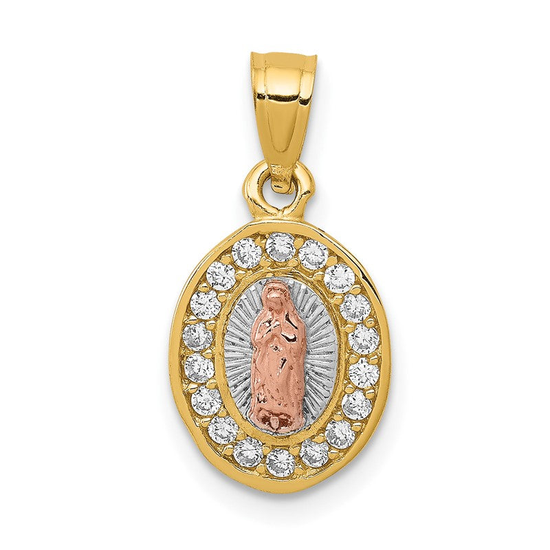 14K Two-Tone with White Rhodium Diamond-cut CZ Our Lady of Guadalupe Oval Pendant K6345