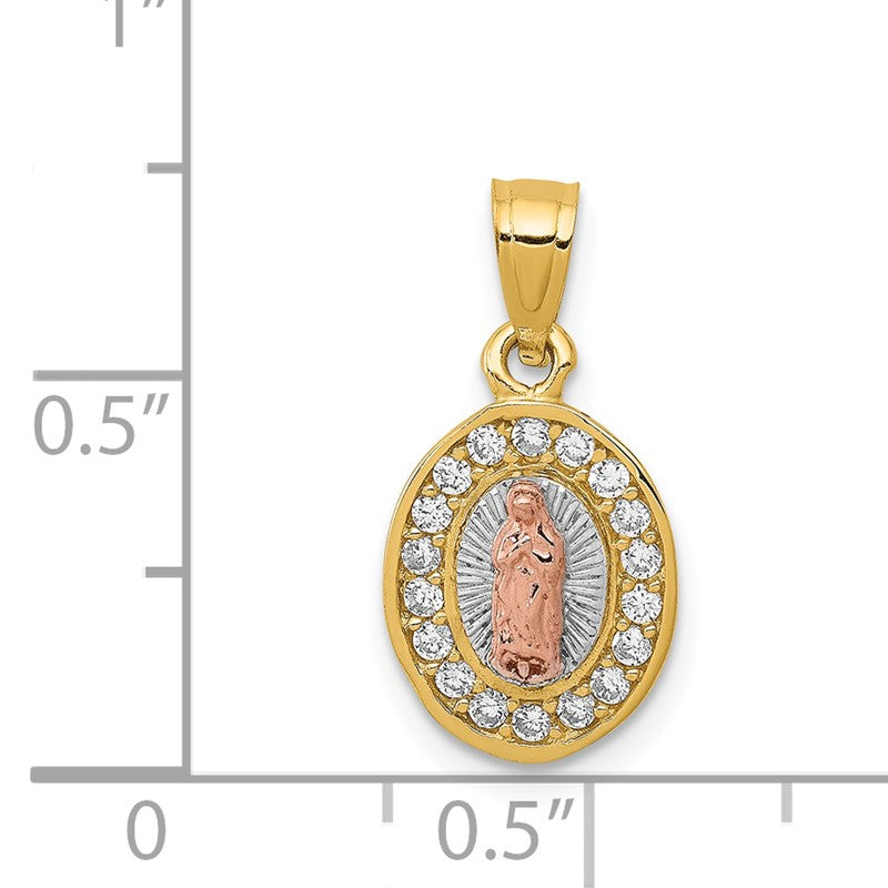 14K Two-Tone with White Rhodium Diamond-cut CZ Our Lady of Guadalupe Oval Pendant K6345