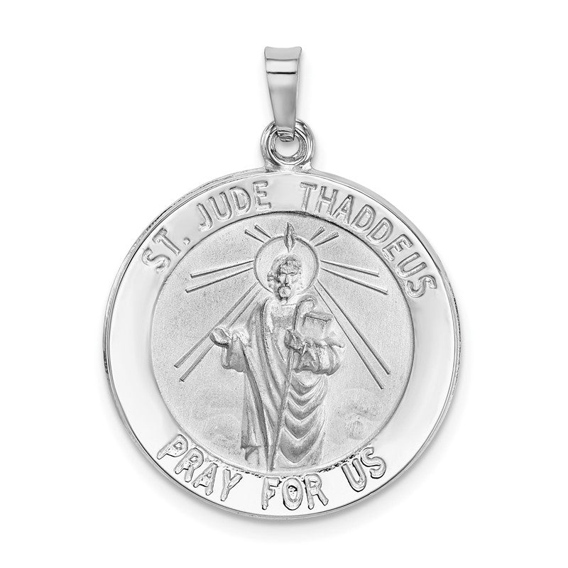 14k White Gold Polished and Satin Solid Saint Jude Thaddeus Medal Round Pendant REL147