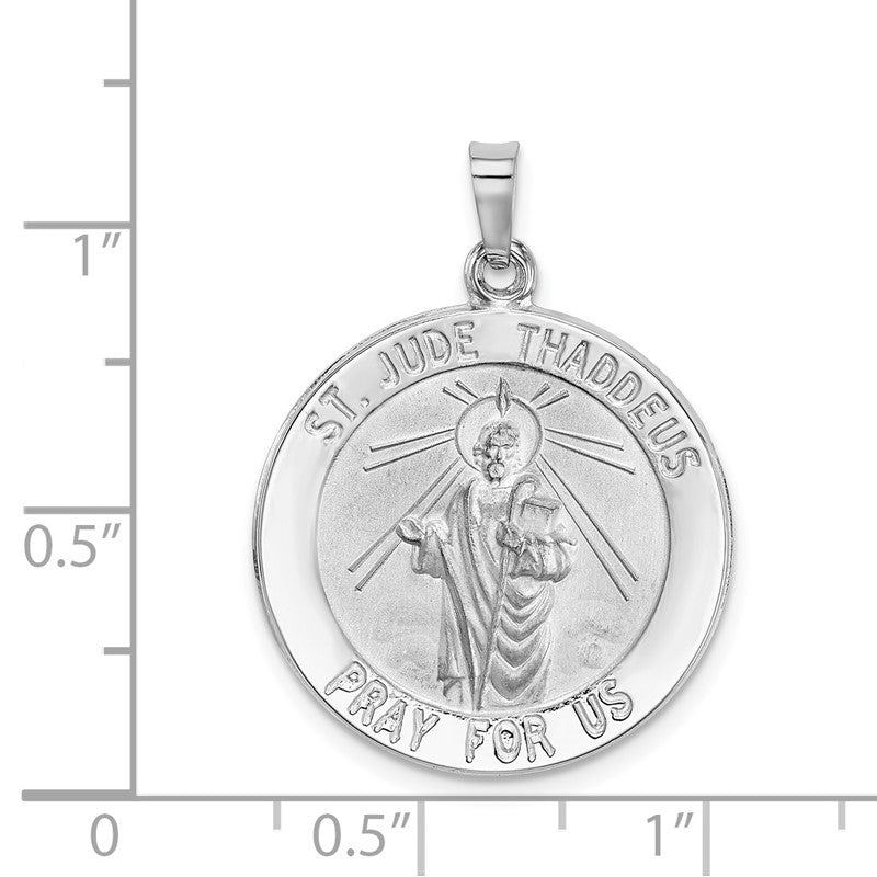 14k White Gold Polished and Satin Solid Saint Jude Thaddeus Medal Round Pendant REL147