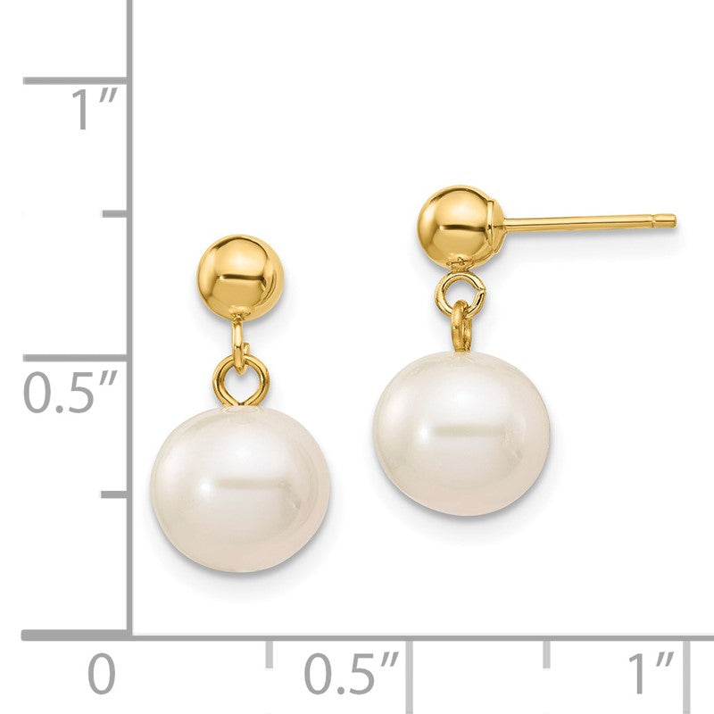 14k 8-8.5mm White Round Freshwater Cultured Pearl Post Dangle Earrings XF570