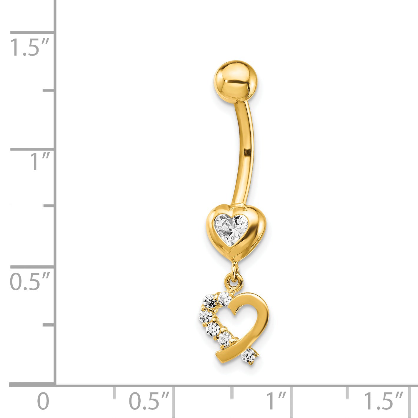 14k 14 Gauge CZ 2-Hearts Dangle Belly Ring BD134