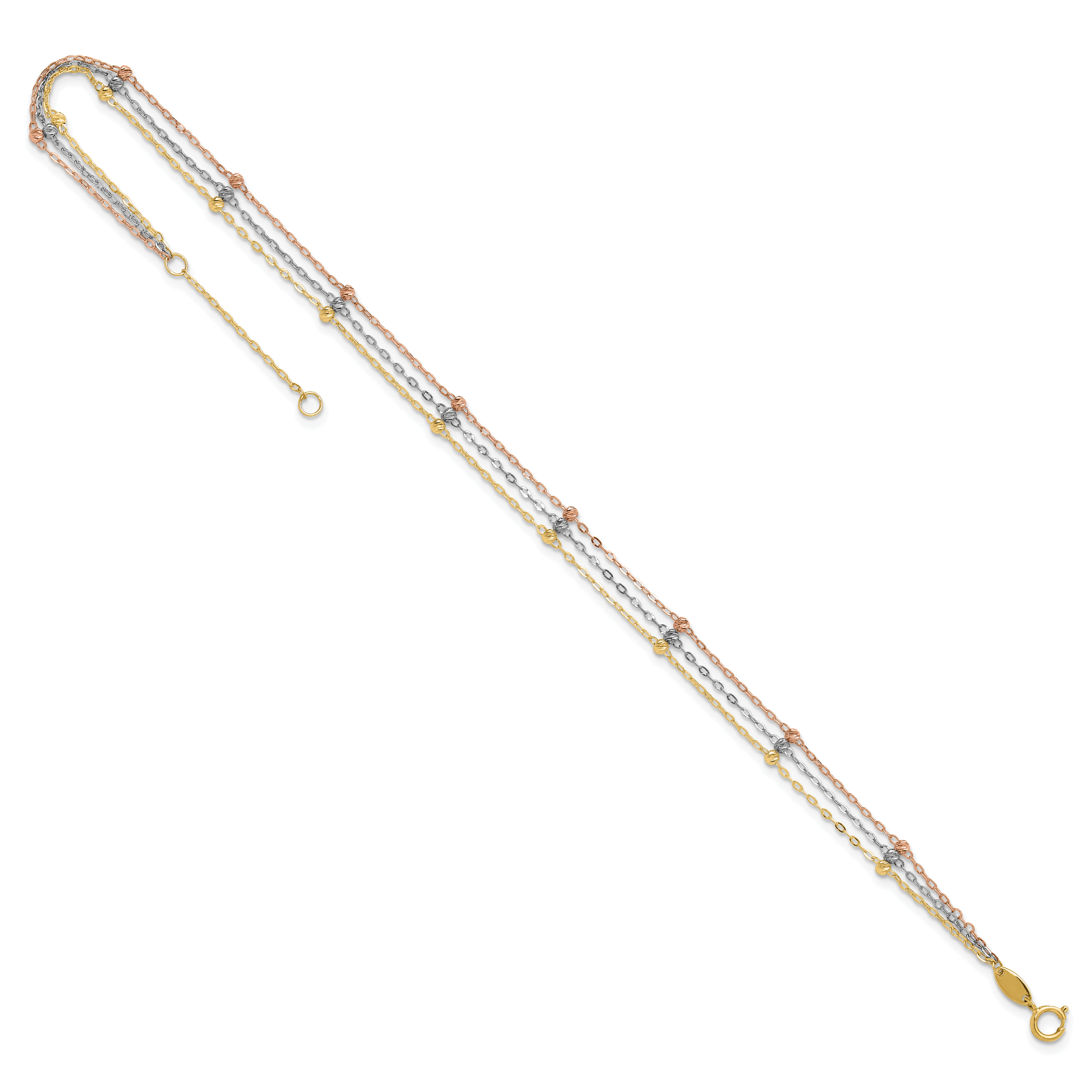 14k Tri-color 3-Strand Diamond-cut Beaded 9-Station 9 inch Plus 1 inch Extender - Total 10 inch Anklet ANK290